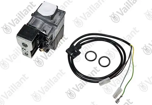 Vaillant Gasarmatur mit Anschlussleitungen und Dichtungen, ausgestattet mit elektrischen Kontakten und einer kompakten Bauform.